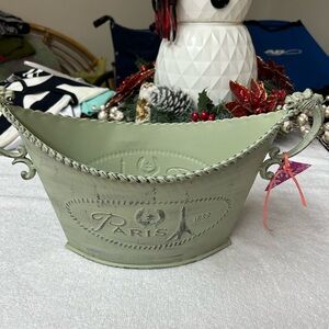 New. Paris Embossed Decorative Metal Planter - Sage Green